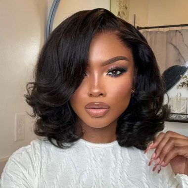 Short Wavy Layered Bob Wigs Human Hair Lace Front Wig with Side Bangs