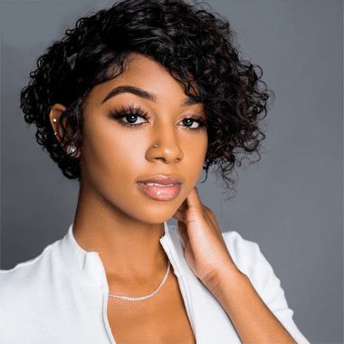 Short Curly #1 Pixie Cut Side Part Human Hair Lace Front Wig