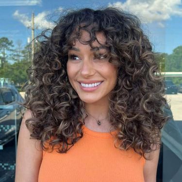 Butterfly Layers Curly Highlights with With Curtain Bangs Lace Wig Human Hair Wigs