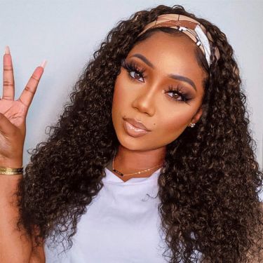 Headband Wig For Black Women Brown Curly Human Hair Glueless Wig