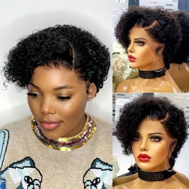 Pixie Cut Bob Wigs Short Curly Human Hair Side Part Lace Front Wig