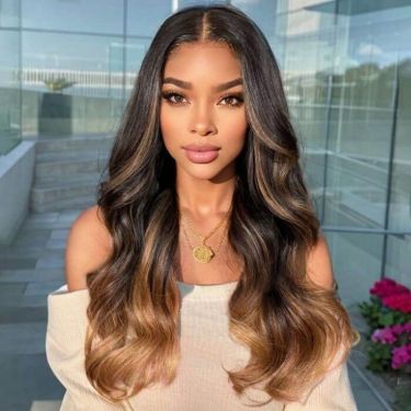 IDefinewigs Glueless Highlight Ombre Brown Wavy Human Hair Lace Front Wigs