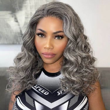 Put On & Go Glueless Salt And Pepper Loose Wavy Pre Cut  Lace Wig Human Hair