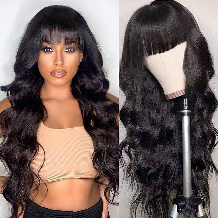 Best Human Hair Long Black Wig With Bangs